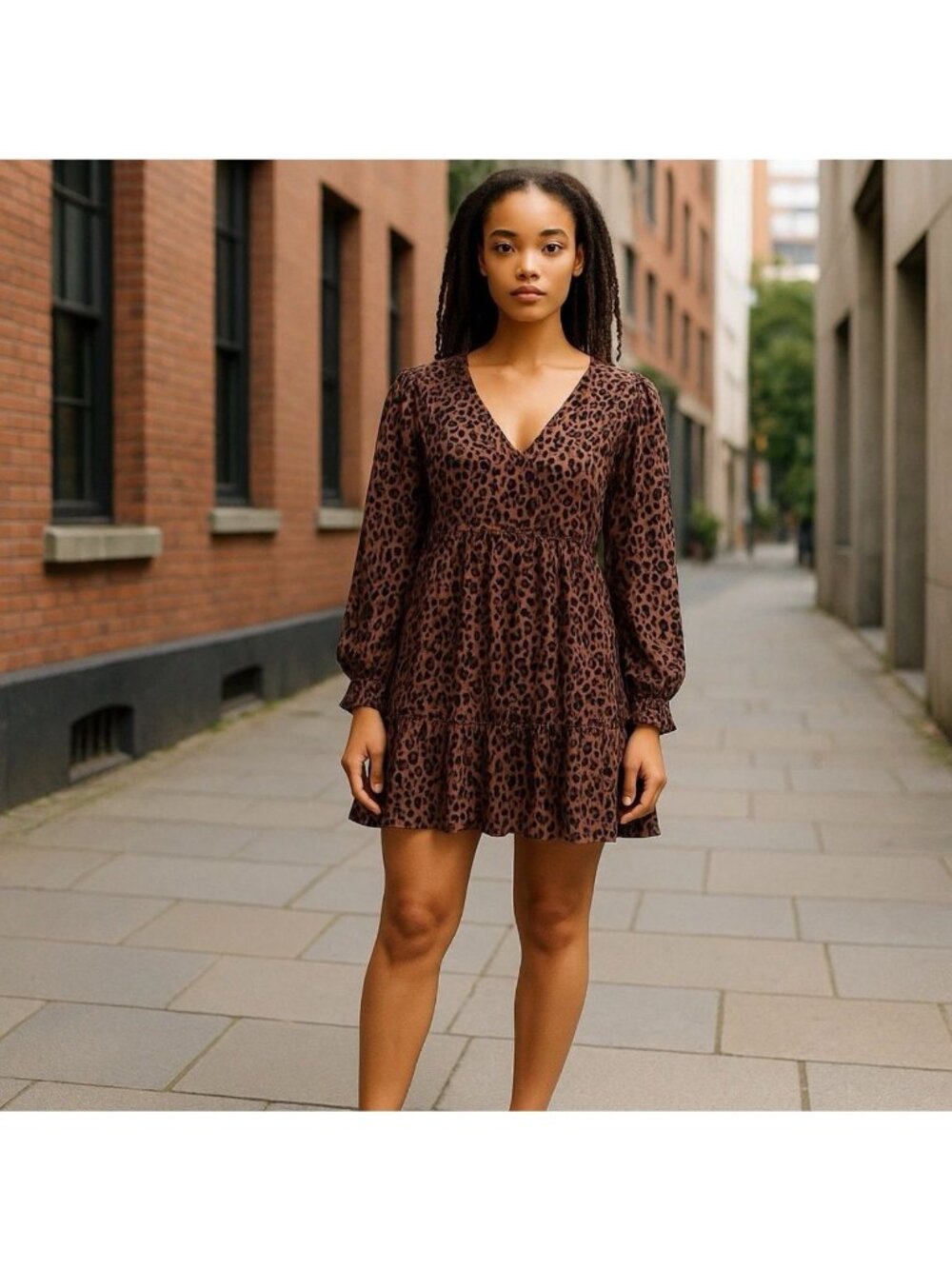 Lulus Leopard Print Long Sleeve Tiered Mini Dress Small 100% Polyester Brown/Bla